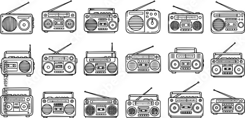 Retro Music and Entertainment Industry Black and White Line Art Icon Set. Vintage Boombox, Radio, and Cassette Player Outline Icons.