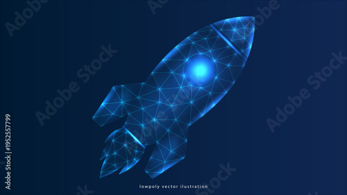 lowpoly rocket Rocket Launch Business Startup Concept from Lines, Constellation Style on Blue Night Sky, Futuristic Illustration
