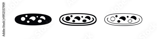 Cartoon pizza or chocolate chip cookie icon set. Vector dessert or snack symbol for food apps.
