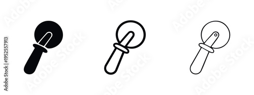 Vertical pizza cutter icon set. Kitchen utensil symbol for pizzeria and food concepts.