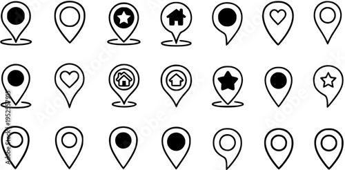 Location Map Pin Icons Set - Black  White Line Art Glyphs for Navigation, GPS, Travel, Home, Favorites, and Pointer Markers