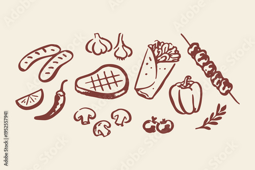 Grill food elements set outline sketch vector illustration