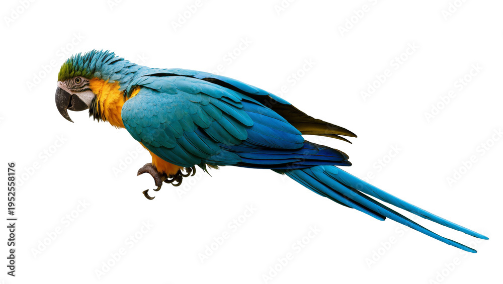 Obraz premium Isolated vibrant Blue-and-yellow Macaw parrot with colorful feathers, exotic tropical bird