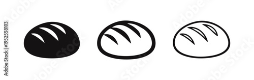 Loaf of bread icon set in three styles. Fresh baked bread simple glyphs for bakery, food, or breakfast.