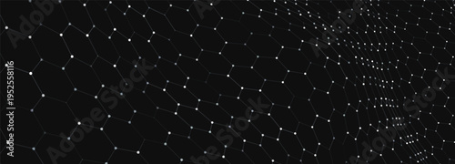 A monochrome hexagonal grid spreads out in the darkness, maintaining a strict rhythm and order. A futuristic hexagonal background. Honeycomb patterns create a sense of hidden structure and