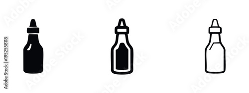 Condiment bottle icon set. Ketchup or sauce bottle simple vector glyphs for food and restaurant designs.