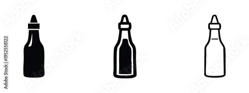 Condiment bottle icon set. Ketchup or sauce bottle simple vector glyphs for food and restaurant designs.