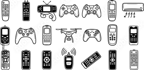 Technology Remote Controls and Gaming Controllers Black  White Line Art Doodle Icon Collection for Home Entertainment and Consumer Electronics