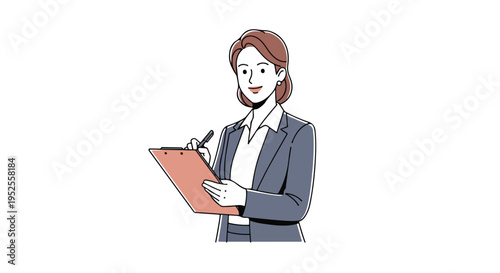 A confident professional woman with reddish-brown hair, dressed in a blue-grey suit and white shirt, stands smiling while holding a clipboard and pen.