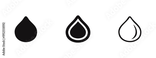 Water Drop Icon Set. Minimalist vector illustration of liquid and teardrop shapes in glyph, filled outline, and outline styles.