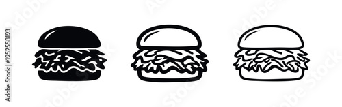 Burger with shredded filling icon set, delicious fast food vector illustration on white background