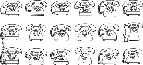 Black and White Line Art Doodles of Vintage Rotary Telephones - Retro Communication Icons and Telecommunications Technology Outline Sketch Collection