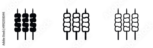 Skewers icon set. Grilled food on sticks. Barbecue or shish kebab symbols.