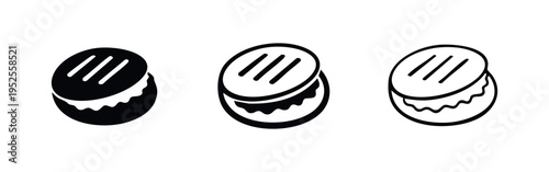 Round Burger or Grilled Sandwich Icon Set. Black Glyph and Outline Vector Illustration for Food Menu.