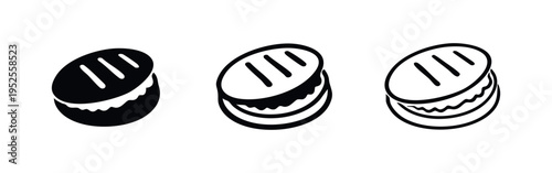 Oval Burger or Grilled Sandwich Icon Set. Black Glyph and Outline Vector Illustration for Food Menu.