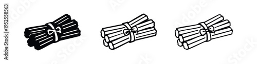 Tied Spice Sticks Icon Set. Cinnamon or Vanilla Beans Black Glyph and Outline Vector Illustration.