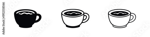Coffee Mug or Hot Beverage Cup Icon Set. Black Glyph and Outline Vector Illustration.