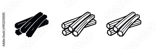 Spice Sticks or Vegetable Stalks Icon Set. Cinnamon or Asparagus Black Glyph and Outline Vector Illustration.