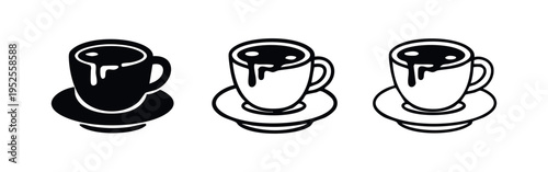 Overflowing Coffee Cup with Saucer Icon Set. Hot Beverage Black Glyph and Outline Vector Illustration.