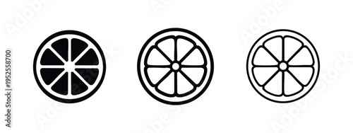 Lemon or lime slice icons set. Citrus fruit cross-section symbol. Fresh fruit vector illustration in solid, outline, and thin line style.