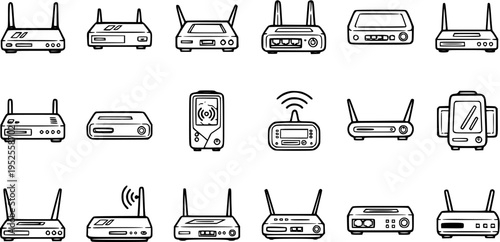 Technology Internet Networking Routers and Modems Line Art Icons Set. Black and White Outline Wi-Fi Devices and Network Hardware Vector Collection.