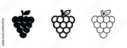 Grape bunch fruit icons set with leaf. Healthy food symbol. Fresh fruit vector illustration in solid, outline, and thin line style.