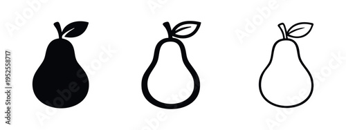 Pear fruit icons set with leaf. Healthy produce symbol. Fresh fruit vector illustration in solid, outline, and thin line style.