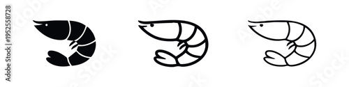 Curled Shrimp Icon Set in Solid, Thick Outline, and Thin Line Styles - Vector Illustration Collection