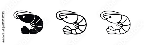 Shrimp Icon Set with Head Details in Solid, Thick Outline, and Thin Line Styles - Vector Illustration Collection
