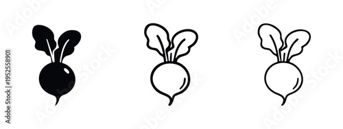 Radish Icons Set. Vector Illustration of Black and White Root Vegetable with Leaves Symbols
