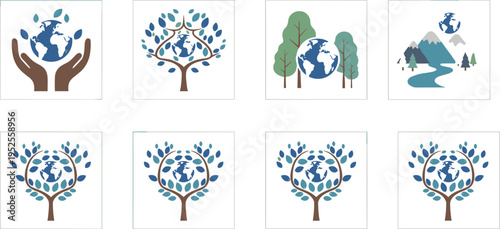 Conceptual ecology icon set with earth globe trees and nature conservation symbols for environmental sustainability branding isolated on white