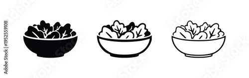 Bowl of Fresh Salad Icon Set. Mixed Greens and Healthy Ingredients Symbols.