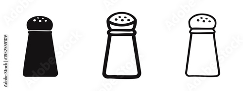 Salt shaker icon set with various styles, ideal for kitchen, restaurant, and food industry designs.