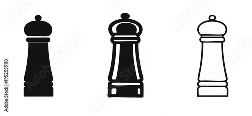 Pepper grinder mill icon set in different styles, perfect for culinary and kitchen-related graphics.
