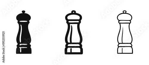 Contemporary pepper mill grinder icon set, suitable for kitchen and dining-themed visuals.