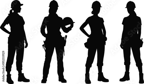 Female construction worker silhouettes with tools and helmet, women in industrial professions poses set, engineering workforce vector illustration, empowerment equality concept, skilled labor theme