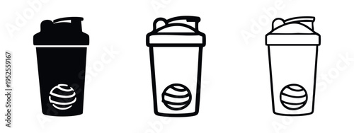 Gym protein shaker bottle icon set with an agitator, ideal for sports and health-related content.