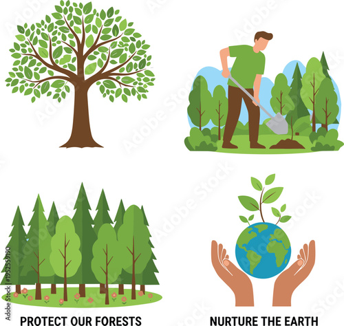 Environmental protection and ecology vector set with forest conservation tree planting man and nurture the earth globe icon