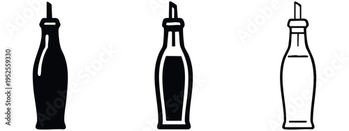 Condiment bottle with pour spout icon set. Oil or vinegar cruet symbol in flat, outline, and line style. Kitchen utensil.