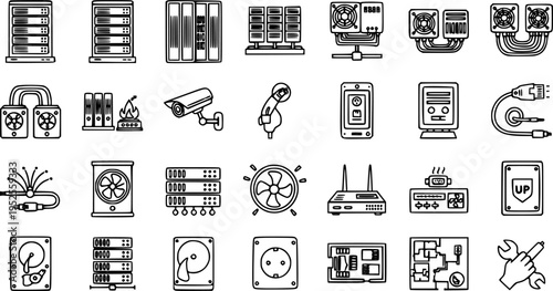 Data Center  IT Infrastructure Black and White Line Art Icons: Server Hardware, Networking Devices, Storage, Cooling  Security Glyphs