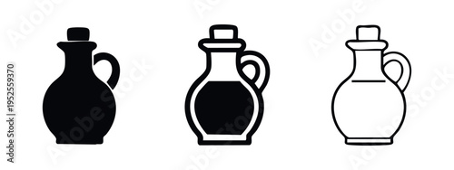 Oil or vinegar jug icon set. Carafe with handle and stopper symbol in flat, outline, and line style. Kitchen and dining server.