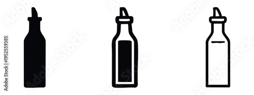 Tall condiment bottle with pour spout icon set. Oil or vinegar dispenser symbol in flat, outline, and line style. Kitchen and table server.