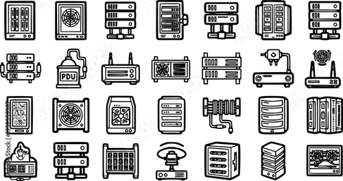 Technology Icons: Black and White Line Art of Server Racks, PDUs, Routers, and Computer Components