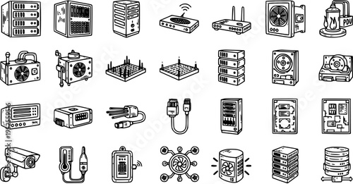 Black and White Line Art Hand Drawn Technology Icons Set - Computer Hardware, Networking, Servers, and Data Center Equipment Doodle Collection
