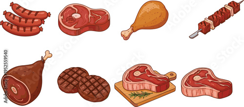 Meat product vector set with beef steak sausages chicken leg grilled patties and meat kebab isolated on white background clipart