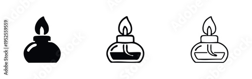 Alcohol burner and spirit lamp icons set for chemical laboratory equipment