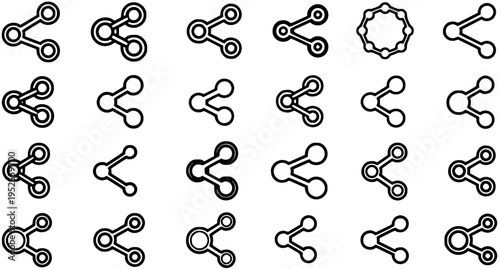 Black and White Line Art Share Icons, Connectivity Symbols, Network Nodes, Technology Concept
