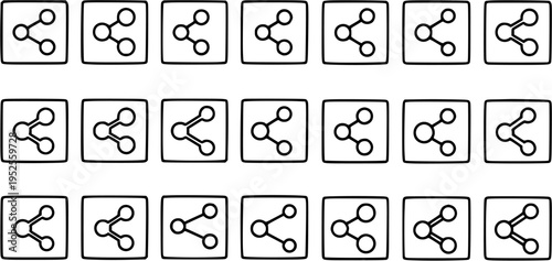 Black and White Line Art Share Icon Grid, Social Media Network Technology Symbol Set