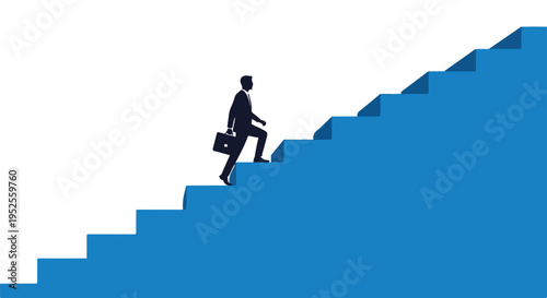 A silhouetted businessman carrying a briefcase steadily ascends a set of blue stairs, symbolizing career progression and ambition.