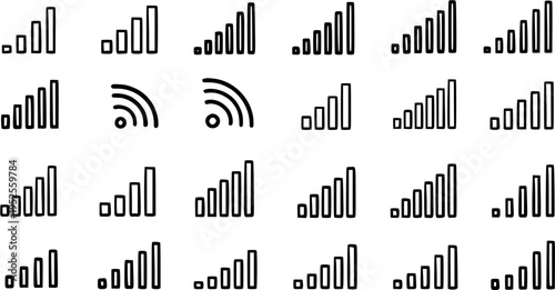 Black and White Line Art Icons of Signal Strength Bars and Wi-Fi Symbols